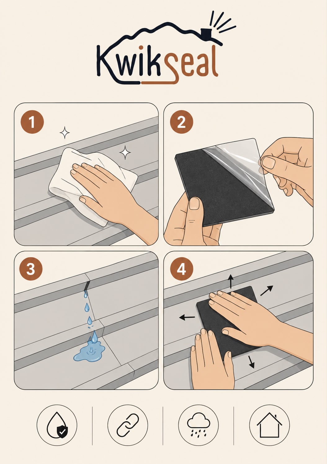 How to apply KwikSeal in 4 steps: clean the roof, peel the backing, place over the leak, press firmly.